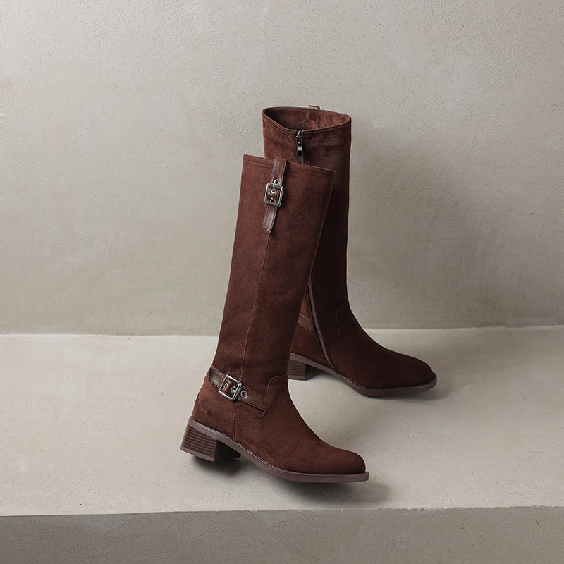 Повседневные матовые замшевые однотонные высокие сапоги с круглым носком и