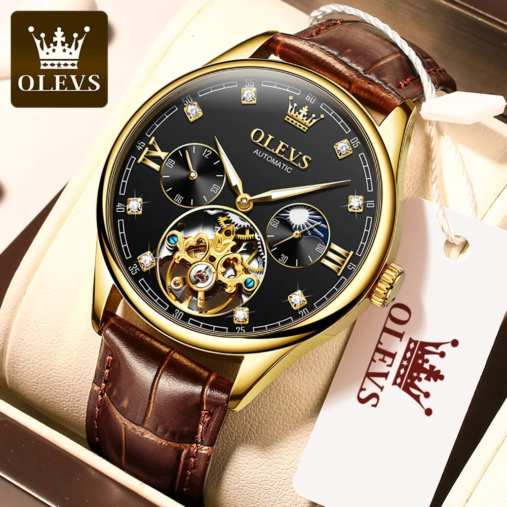 

OLEVS Mens Machinery Watch Noctilucent Business Waterproof Watch Top Brand Luxury Watch Leather Strap Clock Relogio Masculino