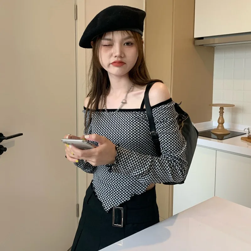 

Асимметричная Осенняя облегающая футболка гранж, пикантная клетчатая футболка с длинным рукавом TopsY2k, эстетичная футболка с открытыми плеч...