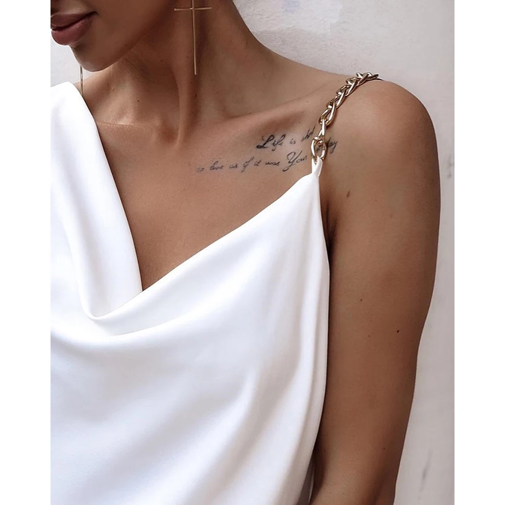 

2022 Women New Summer Casual Sleeveless Blouse Cowl Neck Chain Strap Tank Shirts Top Strap Open Back Solid White V Neck T-Shirts