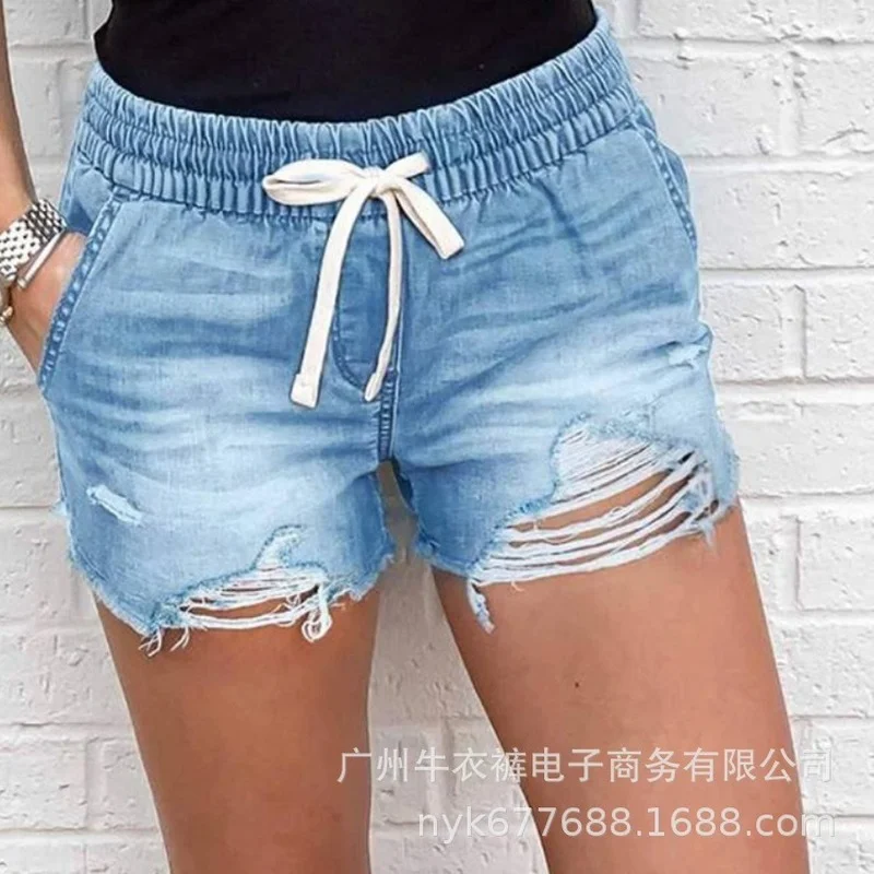 

Women Denim Shorts Spring Summer Vintage Mid-Waist Ripped Short Jeans Streetwear Women Slim Lace-up Pocket Denim Straight Shorts