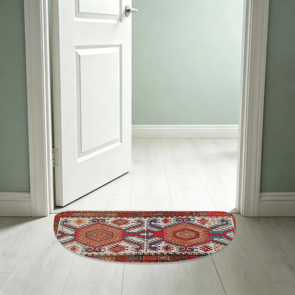 Фото Коврик для ванной комнаты Hotamis Antique Turkish Konya Kilim Print из фланели, полукруглый, нескользящий, впитывающий, напольный коврик для ванной. №5