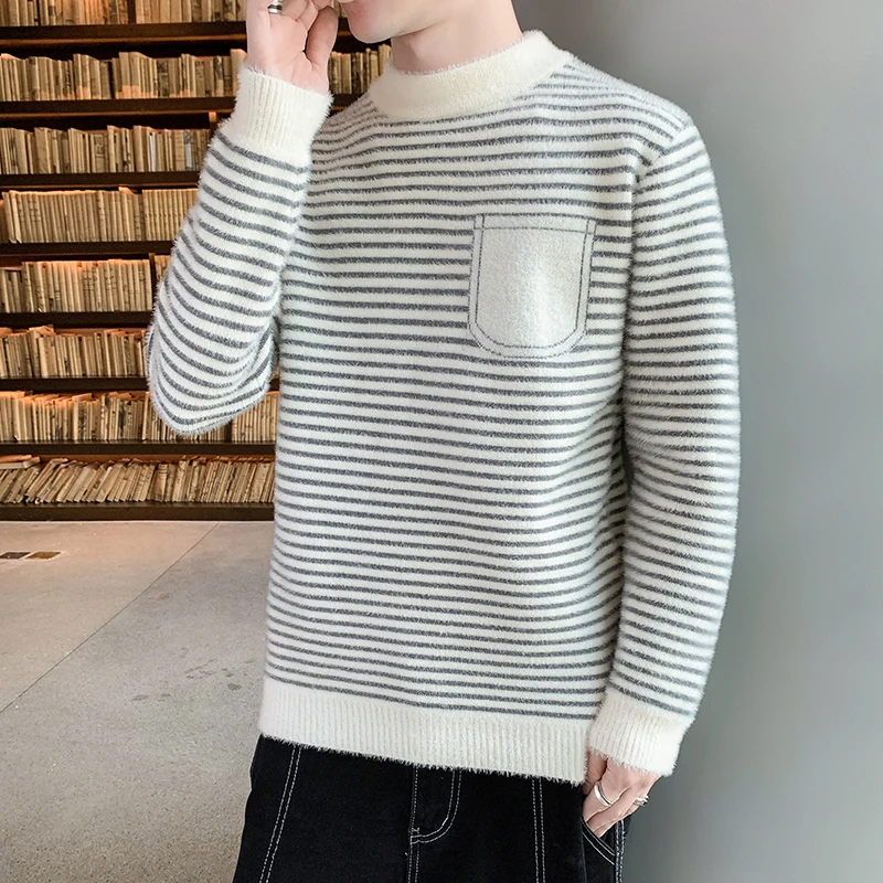 Men's Sweater 2023 Winter Mink Trend Fashion Thickened Striped Line with Top Knit Bottom M-3xl