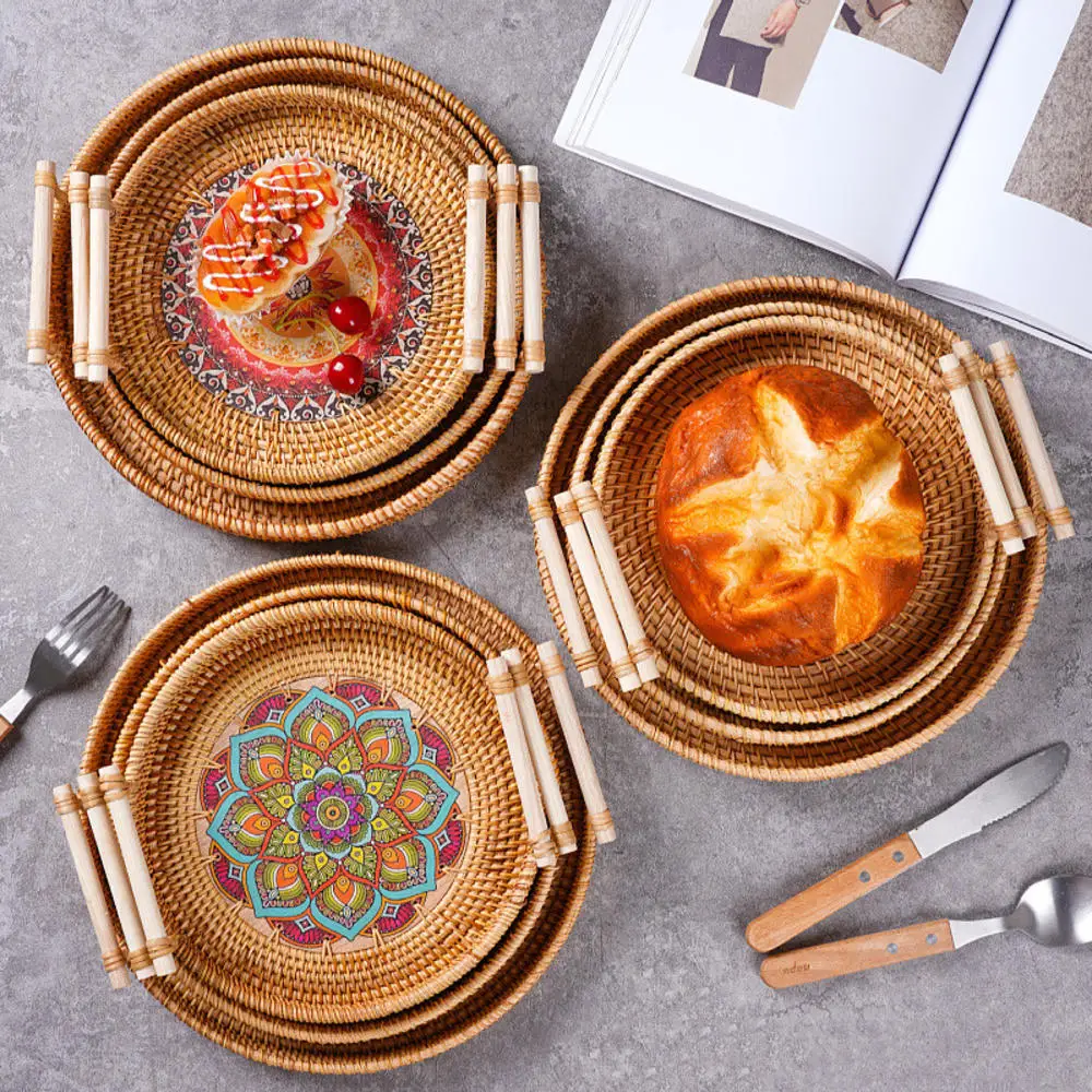 

28cmHandwoven Wicker Basket With Wooden Handle Printed Rattan Storage Tray For Bread Fruit Food Breakfast Picnic Kitchen Storage