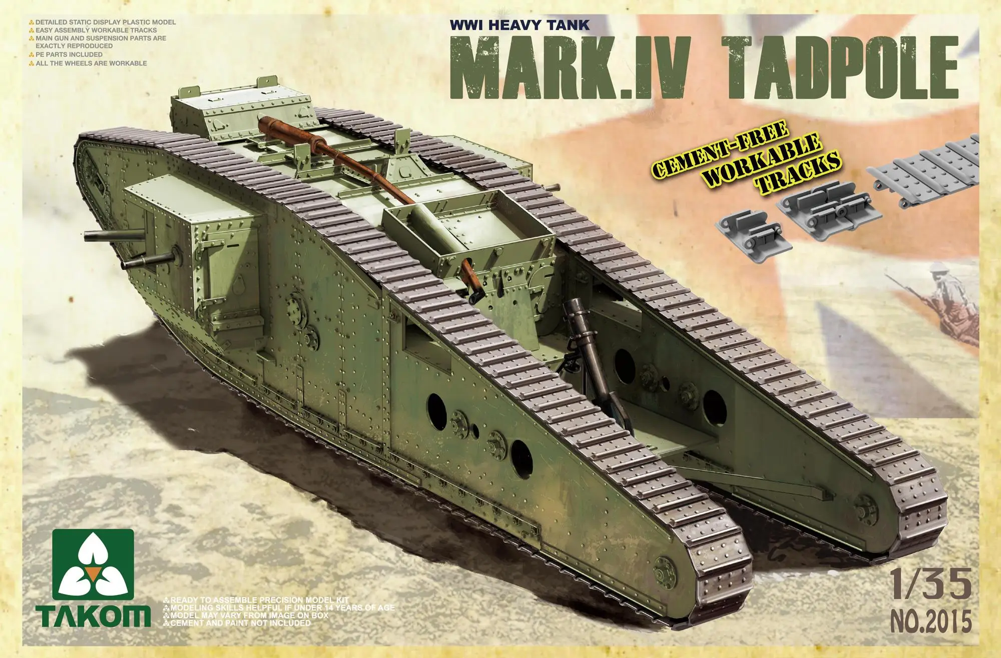 

Takom 2015 1/35 WWI тяжелый танк w/задний раствор Mark IV Штекерный тадоловый модельный комплект
