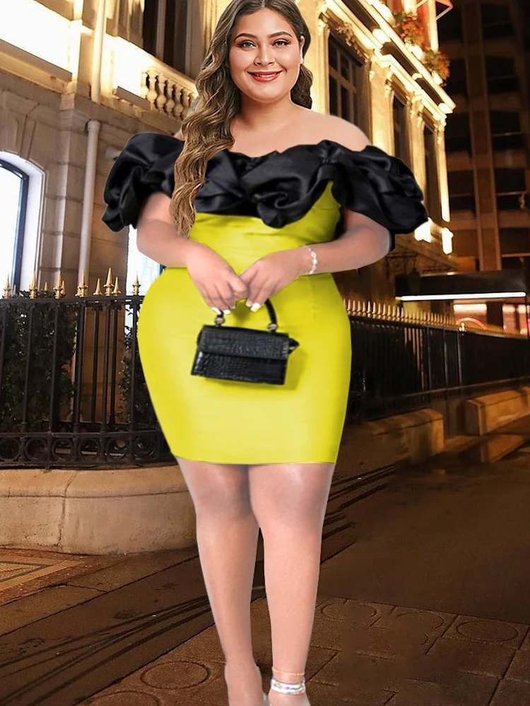 

Plus Size Party Dress Women 4XL Patchwork Sexy Bare Shoulder Robes Femme Slim Fit Mini Gowns yellow black Evening Outfits Summer