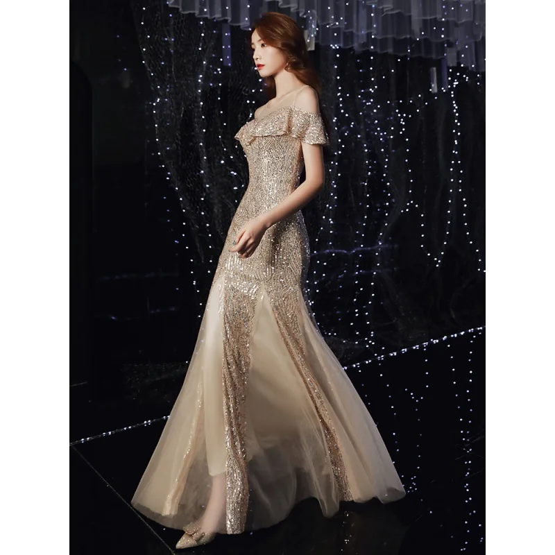 Sequin Dress High End Evening Dress Women 2022 New Temperament Host Champagne Heavy Industry Fishtail Long Style