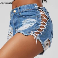 juicy apple fashion summer sexy women jeans denim shorts ladies club party super short femme tassel lace up bandage hot pants