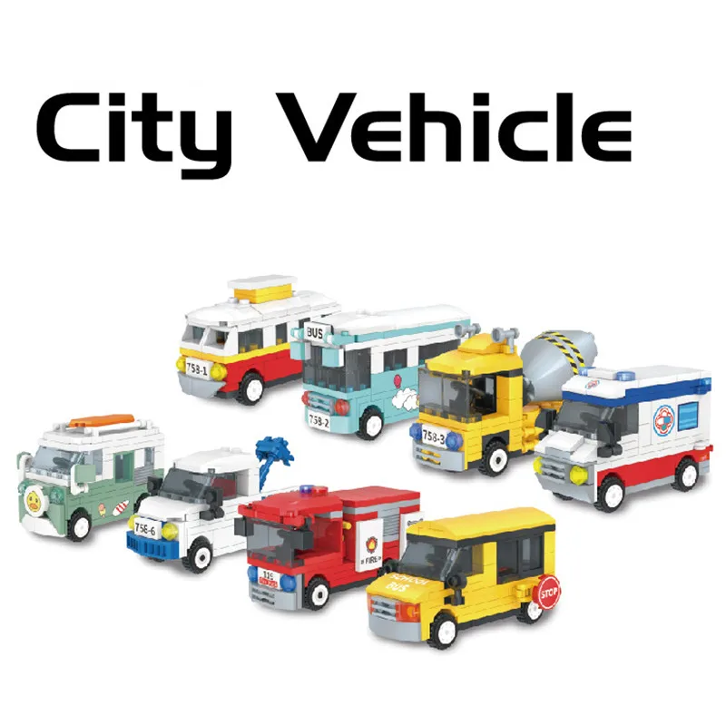 

City Car Block Building Fire Engine Ambulance School Bus Vehicle Bricks Moc Architecture Model Educational Toys Children Gifts