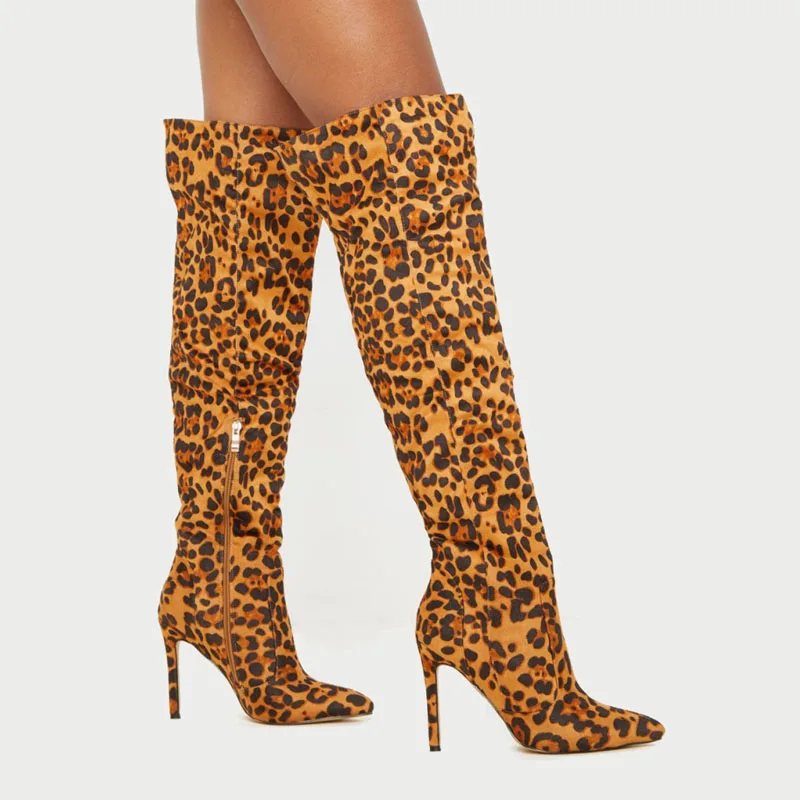 

Arden Furtado Fashion Women's Shoes Pointed Toe Stilettos Heels Zipper leopard red Shiny leather Knee high boots high heels 41