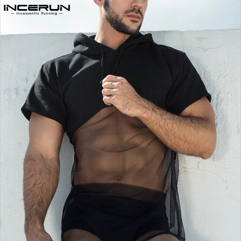 INCERUN 2022 Fashion Men T Shirt Hooded Mesh Patchwork See Through Pullovers Short Sleeve Streetwear Sexy Casual Men Clothing 7