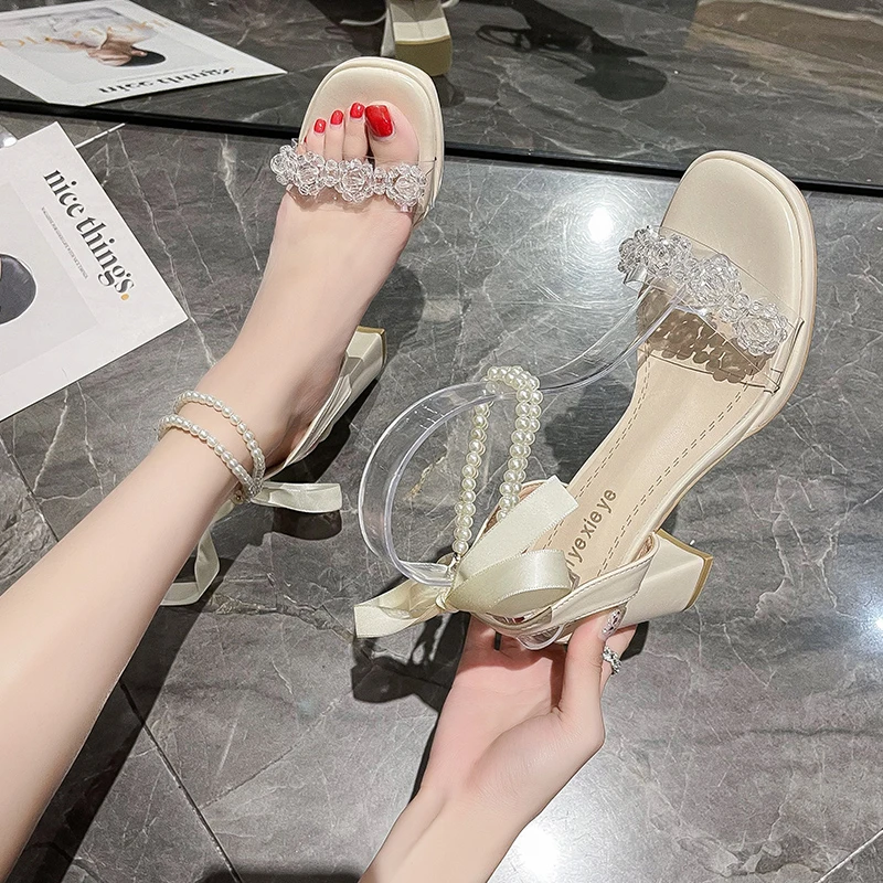 

High Heels Women Summer 2022 New Pearl Rhinestones Thick Heel Fairy Wind Sandals Fashion Temperament Sandals