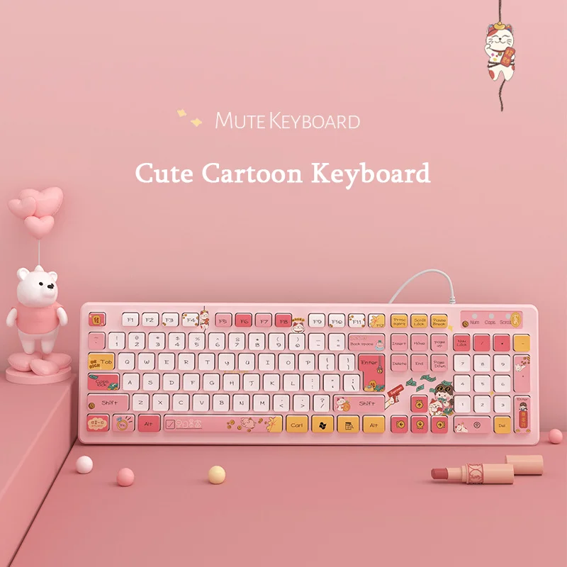 

104 Key Cute Gaming Wired Keyboard Colorful Cartoon Pink Girl Gamer Wireless Keyboard For Laptop PC Computer Notebook Desktop