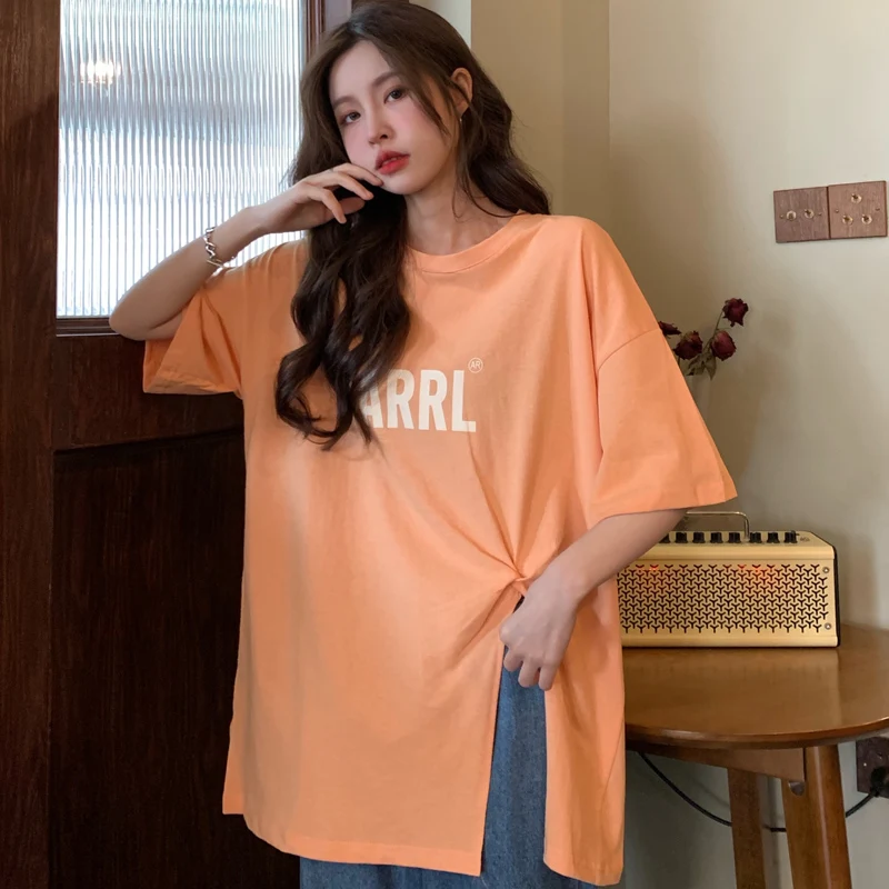 

DUOFAN 2022 T Shirt Women Girl Letter Printing O Neck Split Top Korean Fashion Harajuku Style Half-sleeve Sweet Y2k Clothes Tee