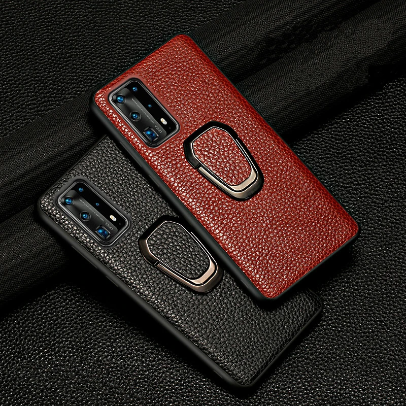 Metal ring leather phone case For HUAWEI P40 PRO plus P30 LITE MATE 30 20 car holder back cover For nova 5T Honor v30 9x 8x v20