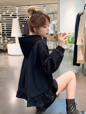 

Long-sleeved jacket is thin, all-match spring and autumn slim tops women's hooded hooded solid color