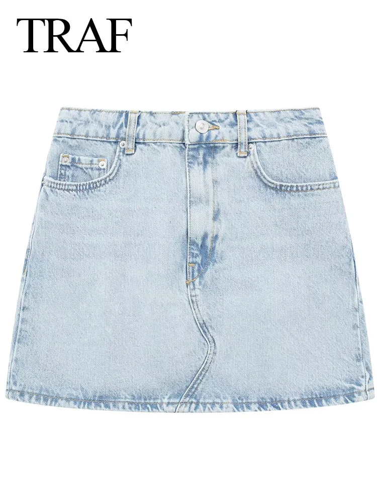 

TRAF Summer Women New Fashion Denim Y2K Mini Skirt Loose Jeans Short Skirt For Mid-Waist Pockets Streetwear Chic Female Skirts