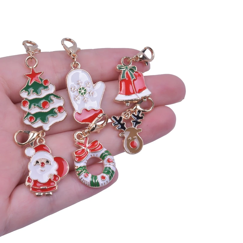 

24Pcs/lot Mix Christmas Charm Yeti Deer Socks Bells Gift Tree With Lobster Clasp Pendant DIY Making Keychain Jewelry Supplies