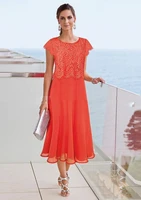 simple coral short groom bride mothers dresses cap sleeve lace chiffon tea length a line summer beach wedding party gowns