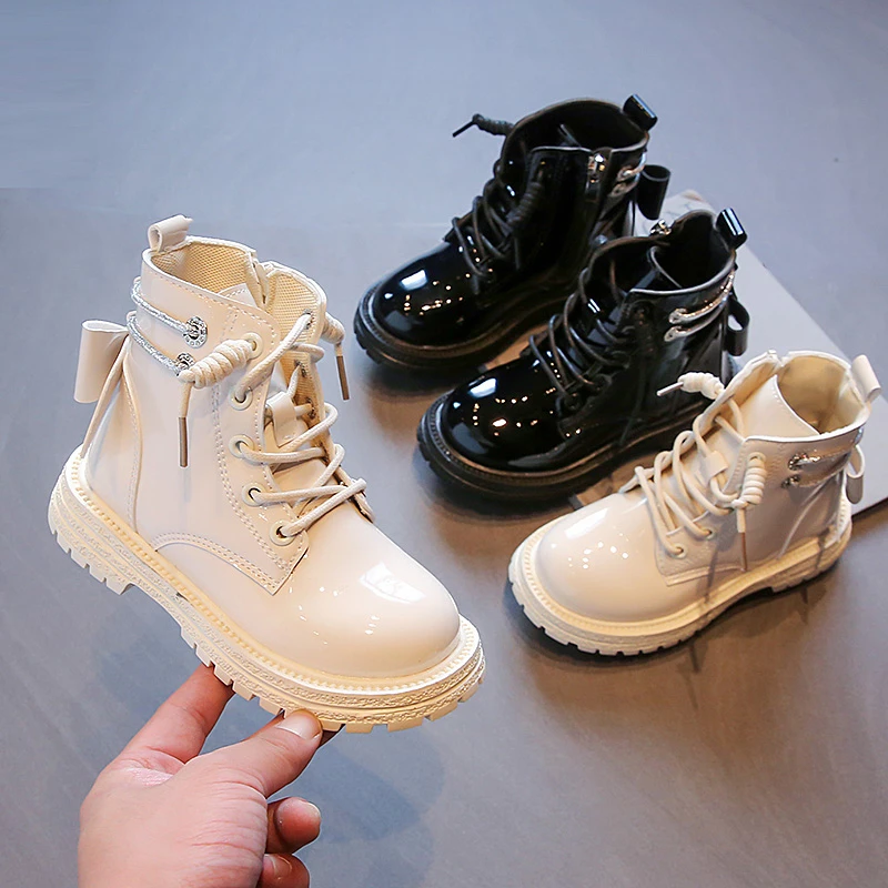 

Girls Boots Glossy Versatile Fashion Child Cute 2022 Kids Non-slip Korean Style Waterproof Spring classic New Ankle Boots Black