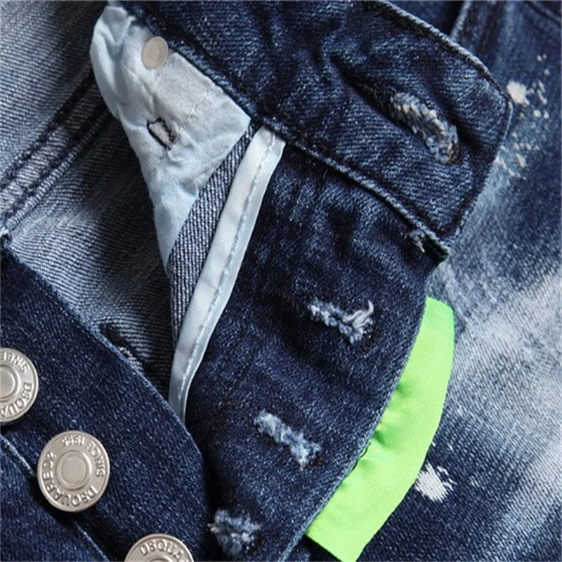 EH·MD® Leaf Embroidery Men's Jeans Speckled Soft Casual Loose Cotton Elastic Denim Pants Frayed Wrinkles Slim Fit Seasonal New 2