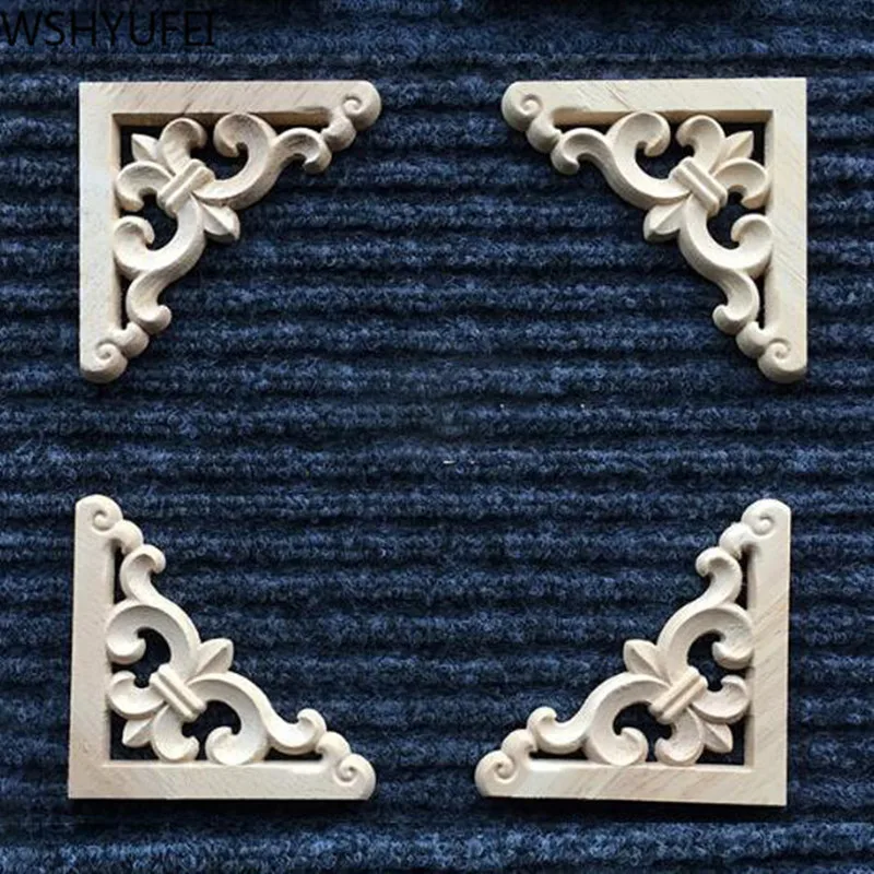 1 PC Carved Unpainted Solid Wood Long Floral Leaves Rubber Furniture Window Corner Applique Onlay Figurines |