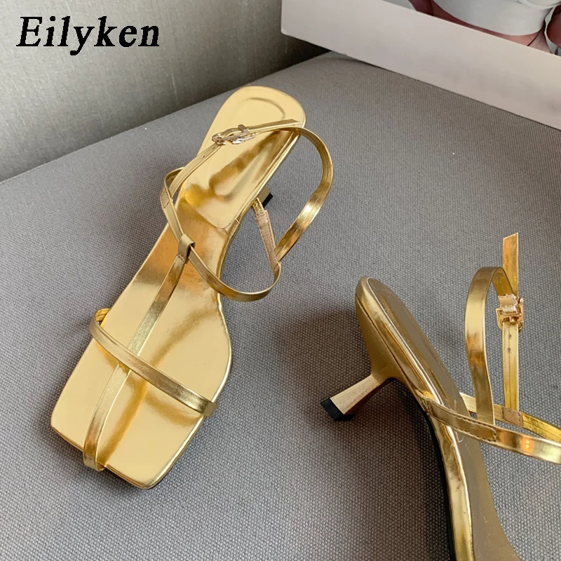 

Eilyken 2022 Summer Square Toe Narrow Band Women Sandal Fashion Back Buckle Strap Low Heels Office Work Ladies Shoes Gold Silver