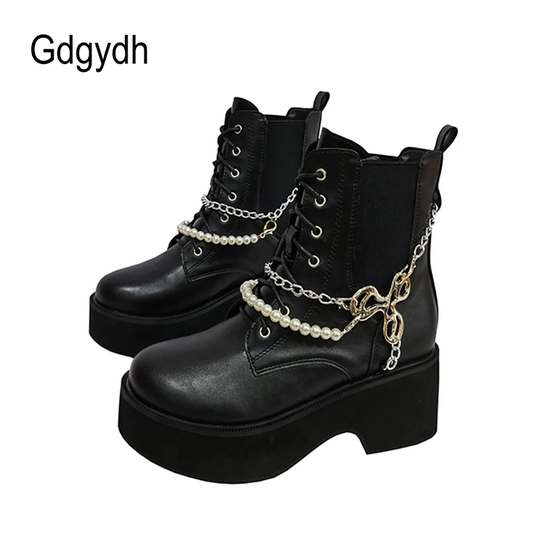 Gdgydh Women Chunky Boots Platform Heels Lace Up Fashion Pear Combat Ankle Boots Side Zipper Chain Decor Daughter Concert