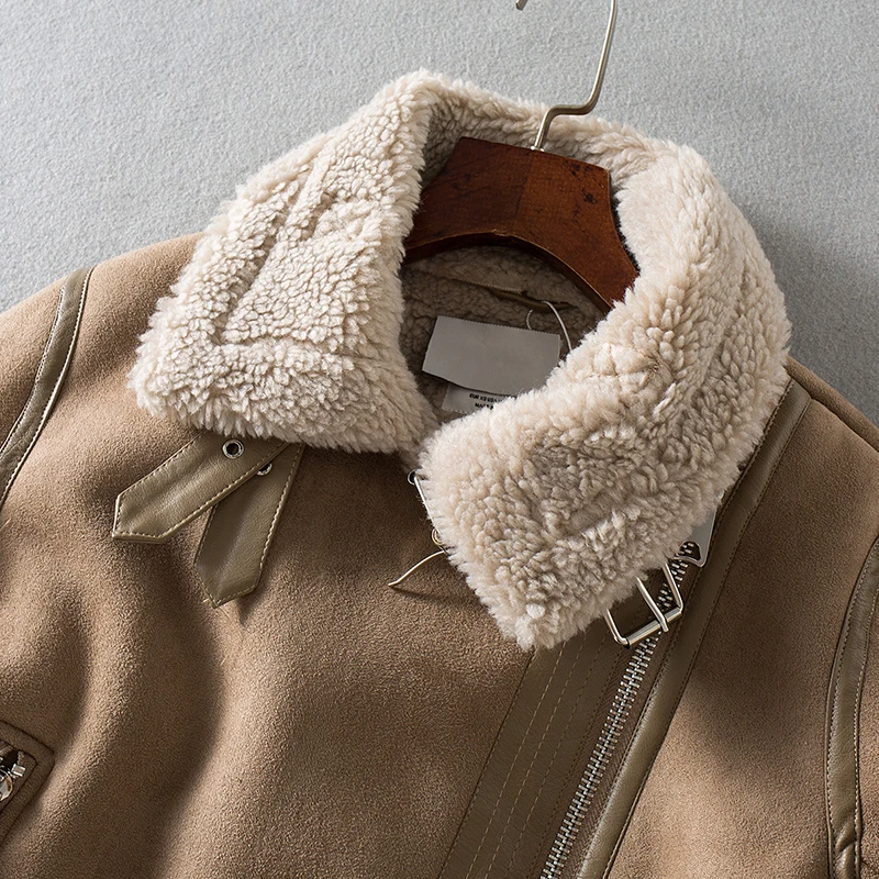New Winter Women Thick Warm Faux Lamb Leather Jacket with Belt Streewear Suede Turndown Collar Moto Biker Coat Outwear Leather