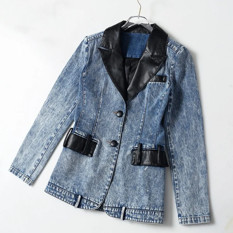 Женская джинсовая куртка винтажная из искусственной кожи в стиле пэчворк