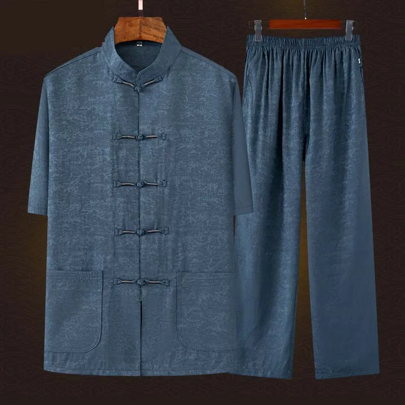Summer Casual Vintgae Men Tang Suit Hanfu Chinese Traditional Clothing Thin Satin Short Sleeve Elastic Waist Trouser Loungewear