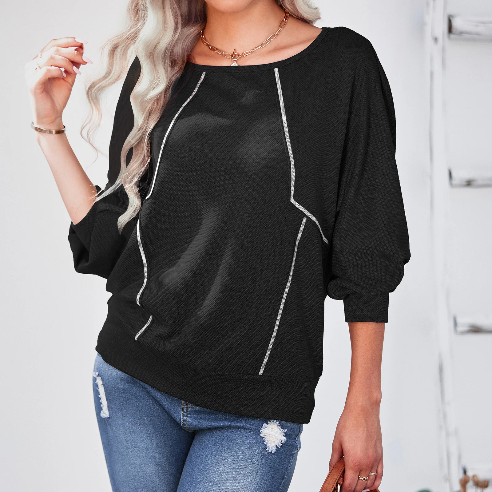 

2022 early autumn new round neck loose long sleeve Pullover bottoms women's splicing T-Shirt Top