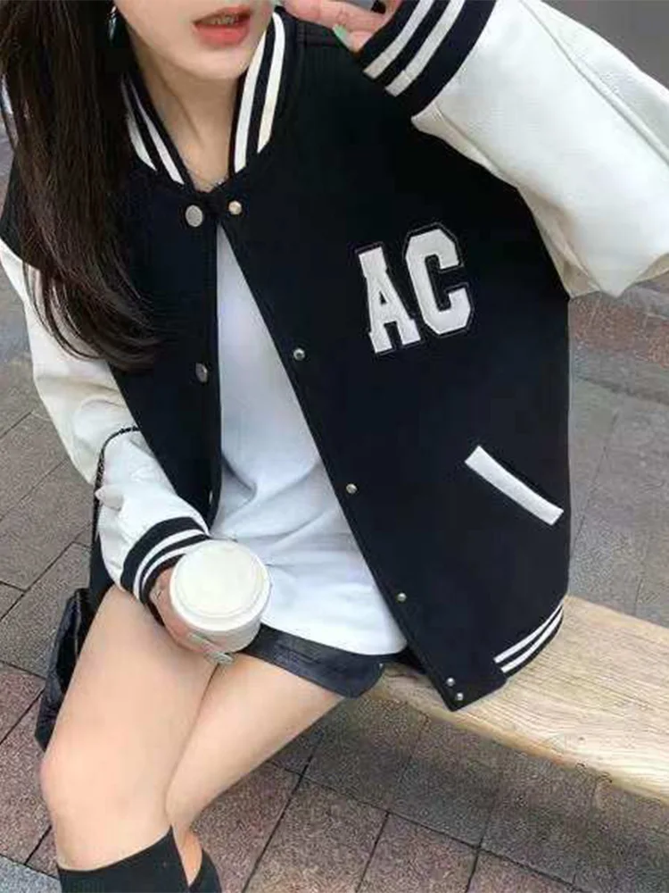 

Women Printed Baseball Jacket Harajuku Street Bomber Jackets College Style Couple Varsity Jacket Spring Autumn Men Loose Coat