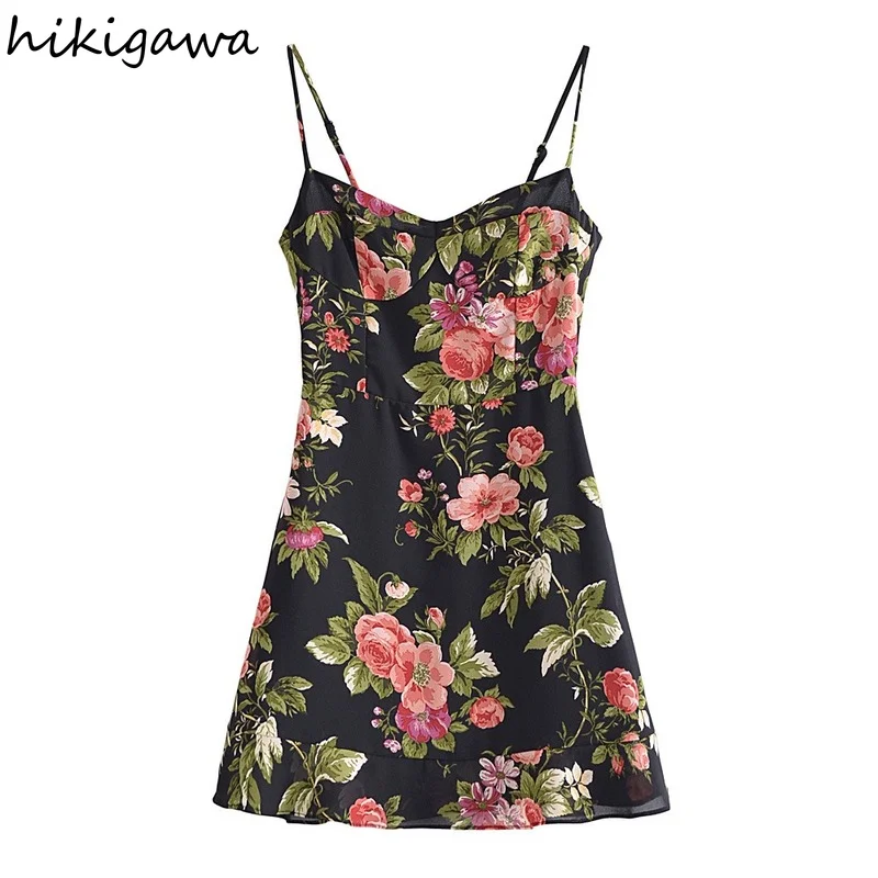 

Hikigawa Chic Fashion Woman Dress Floral Print Slim Fit Slip Dresses For Women Vintage Sleeveless Back Pleated Vestidos Mujer