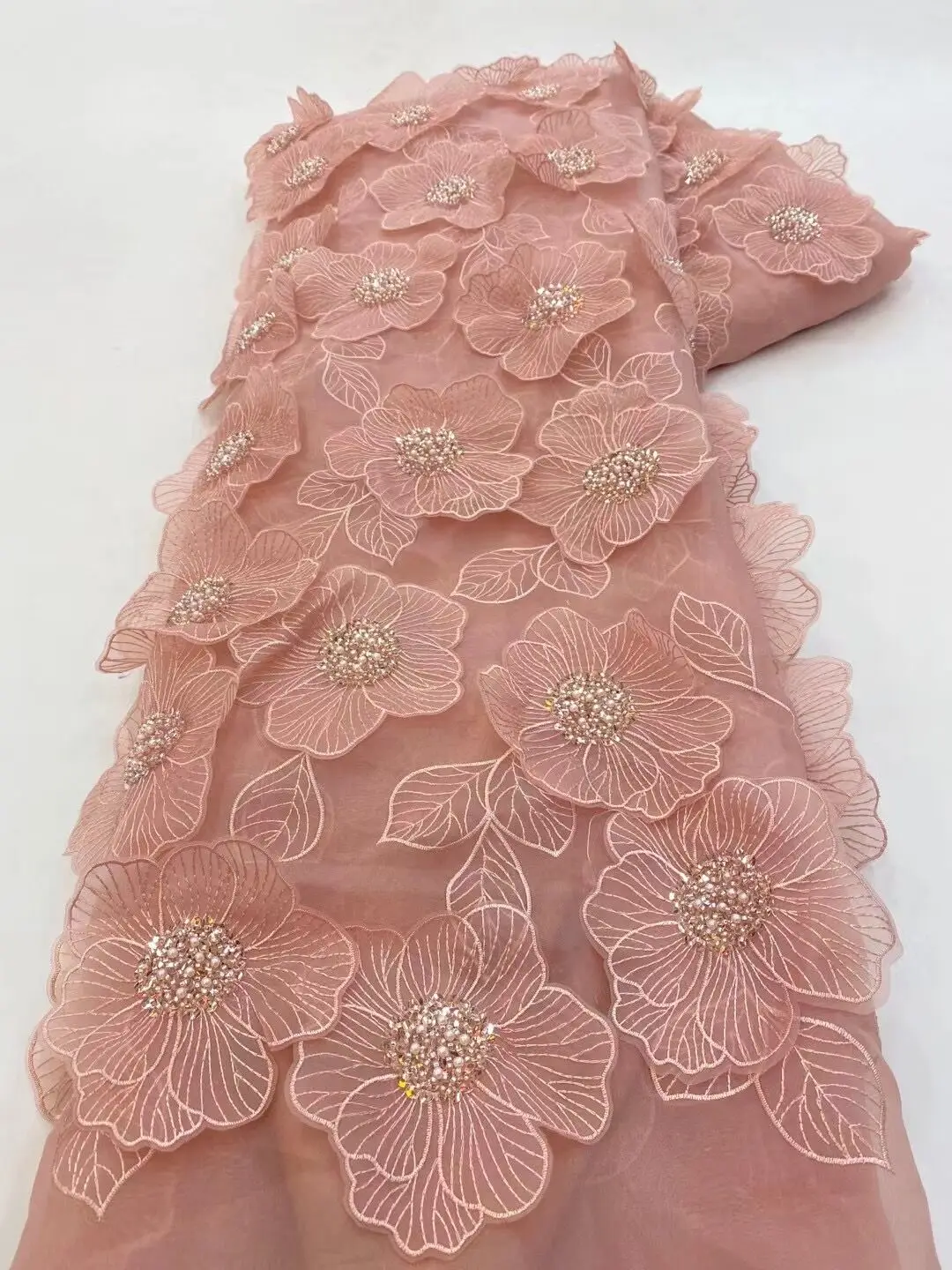 

African ZH-13083321 African Nigerian High Quality Lace Fabric With Tulle Sewing Guipure Embroidery Dresses Beads