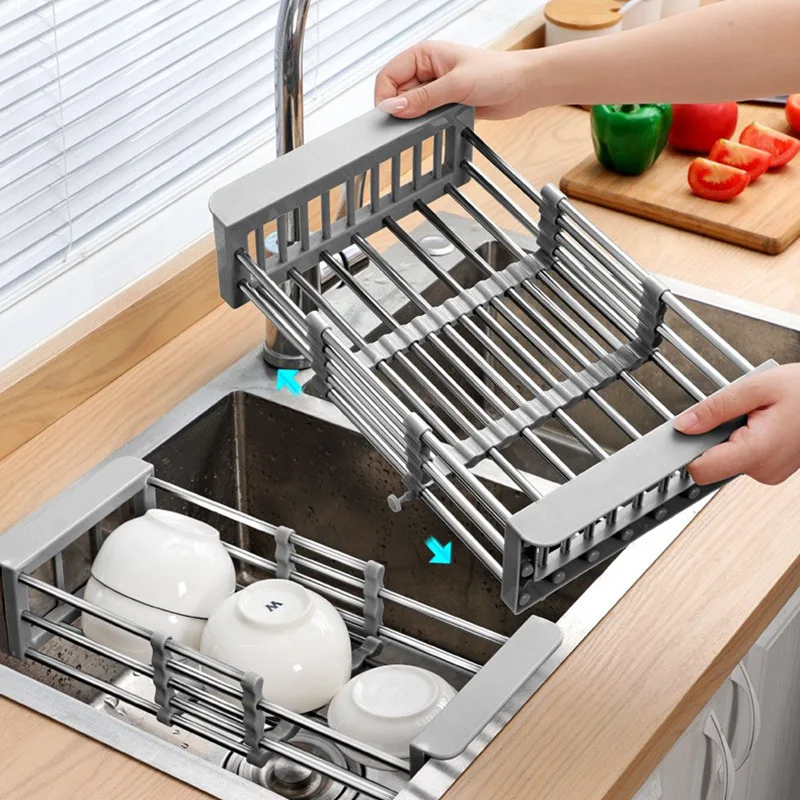 

Adjustable Dish Drainer Stainless Steel Sink Drain Rack Fruit Vegetable Drain Basket Kitchen Extendable Dish Drying Rack