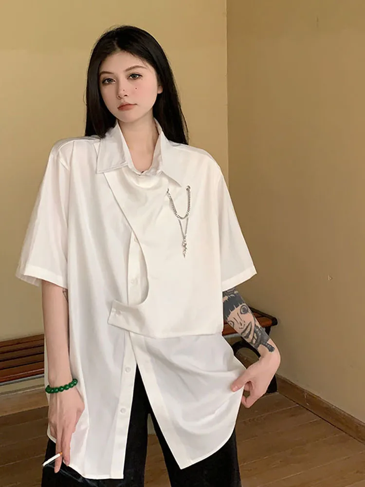 

Diablo Lazy Harajuku Streetwear Vintage Irregular Chain Design Shirt Single-Breasted Short Sleeve Safari Style Blouses Shirt