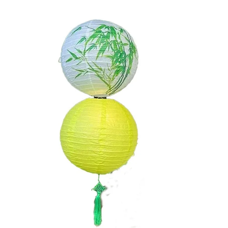 Зеленый бамбуковый круглый фонарь Китайская традиционная чернильная живопись