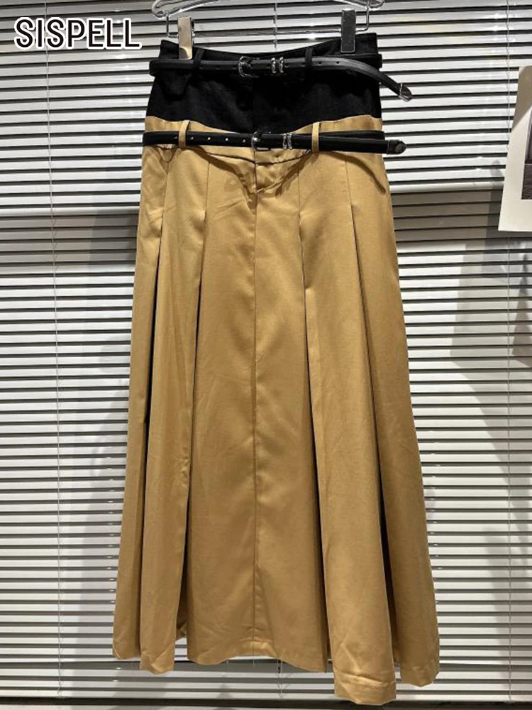 Женская джинсовая юбка SISPELL в стиле пэчворк, свободная трапециевидная юбка с высокой талией и поясом, осенняя одежда