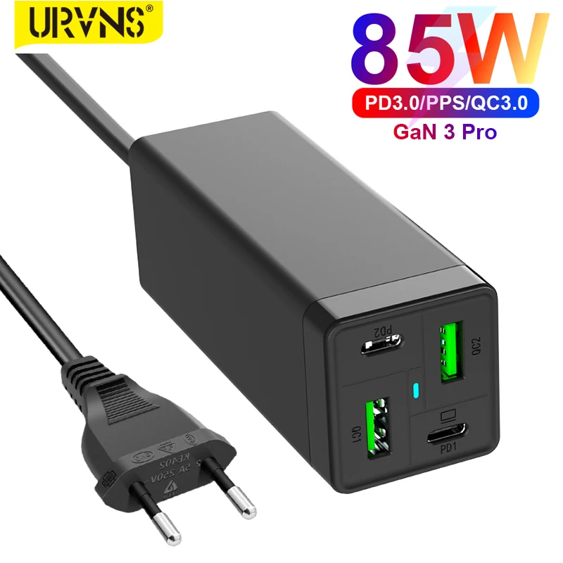 

URVNS 4-Port 85W GaN USB C Fast Charger, PD 65W PPS 45W 20W QC3.0 Power Adapter Supply For MacBook Laptop iPhone Xiaomi Samsung