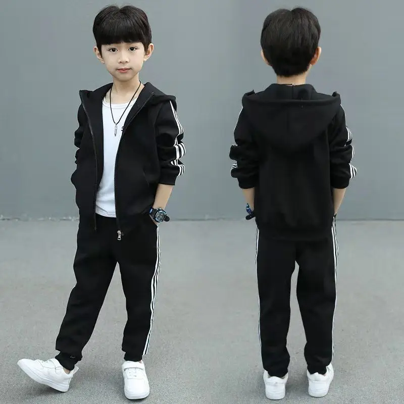 

Hot Sale Baby Boys Sport Suit Autumn White/black Hooded Sweatshirts and Loose Trousers Teenage School Boy Outfit Kids Tracksuits