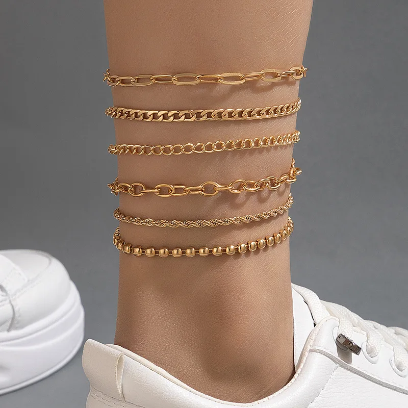 

New 2022 Summer Beach Alloy Chain Hollow Anklet Geometric Simple Round Beads Seven-piece Set Anklet