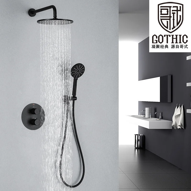 

Gothic Brass Concealed Black Shower Set Faucet Round Embedded Wall Mount Bathroom Thermostatic Rainfall Shower System Mixer Tap