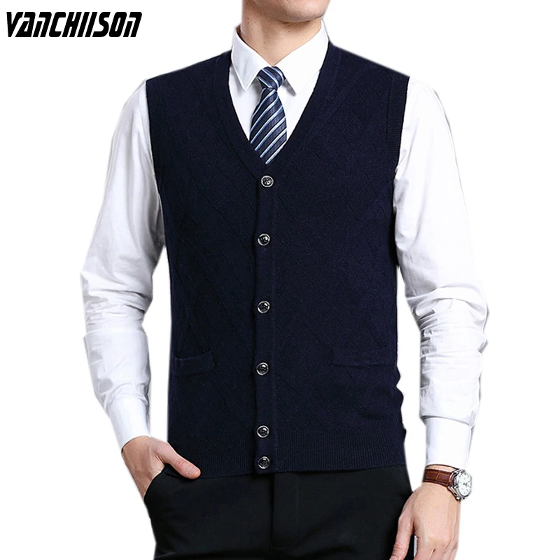 

Мужской вязаный жилет на пуговицах, кардиган без рукавов, на плоской подошве, с двумя карманами, на осень-зиму, подарок отцу, 100% шерсть, 00161823