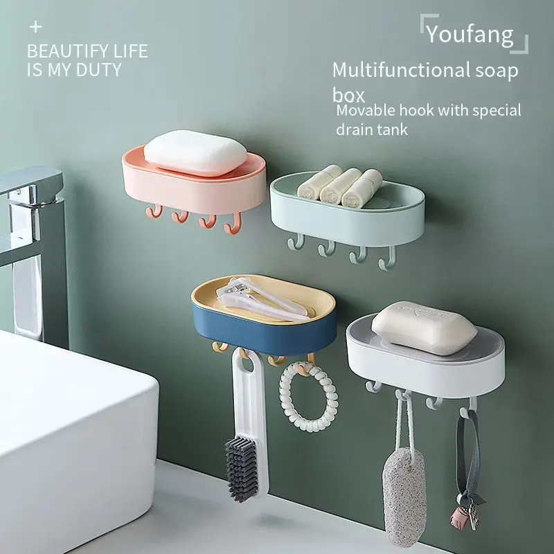 

Bathroom household free punch hanging object soap box wall-mounted soap draining storage box multi-function with hook storage