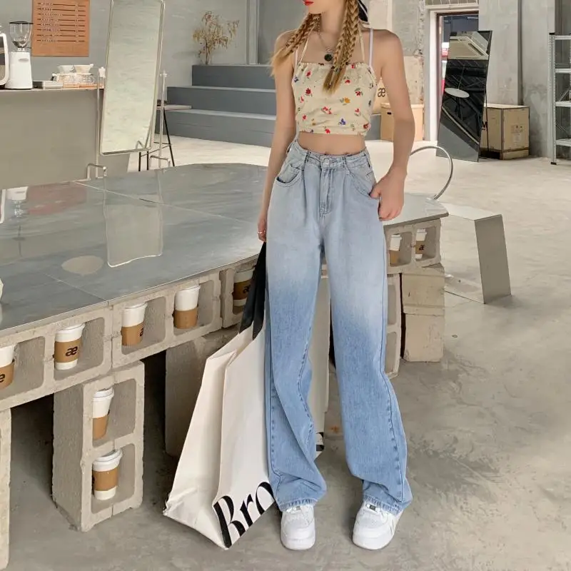 

N0389 New high waist slim straight wide leg pants trousers jeans