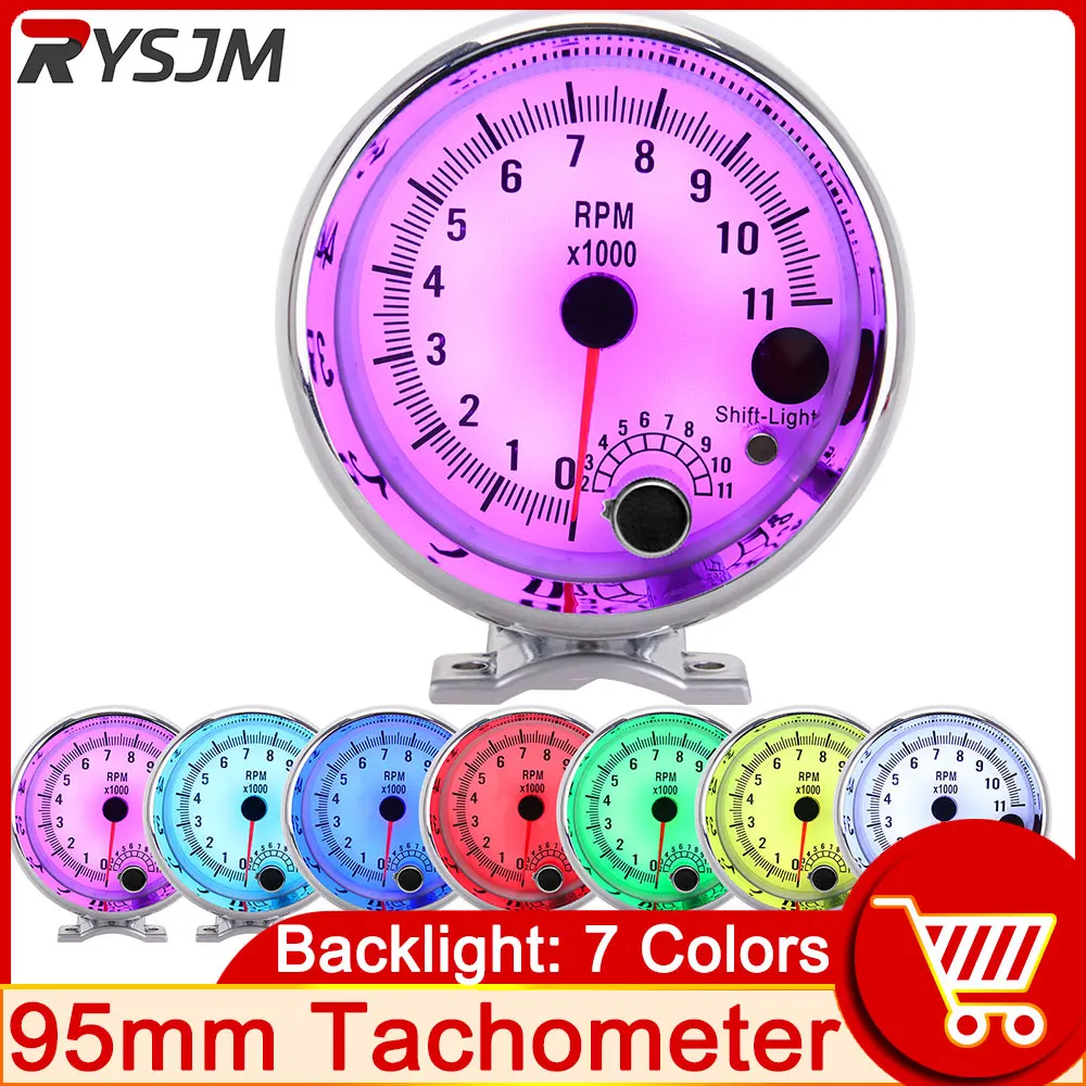 

95 мм Тахометр для универсального автомобиля 12 В 4/6/8 Цилиндр 0-11000 об/мин Тахометр Датчик 7 цветов подсветка скорость тахометр транспортных средств