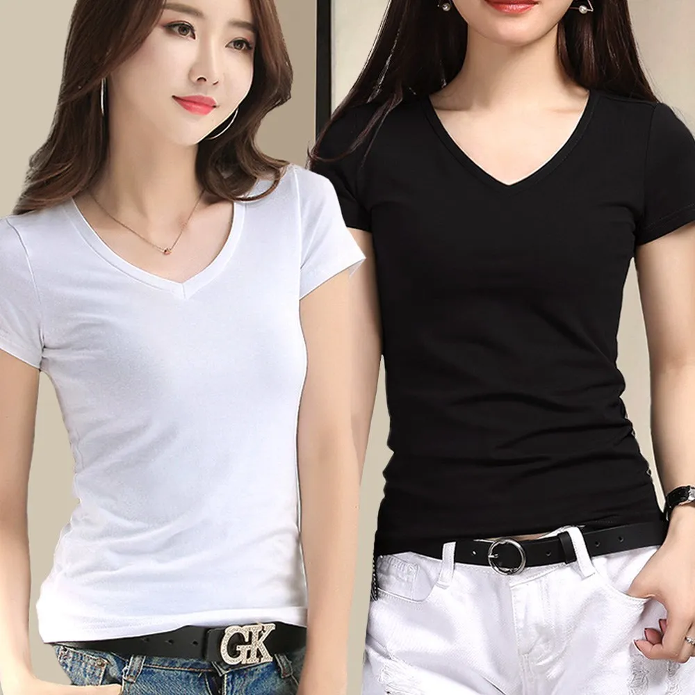 

브이넥 여성 반팔 티셔츠 2P