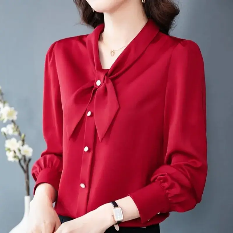 Женская атласная рубашка с бантом элегантная офисная блузка в Корейском стиле