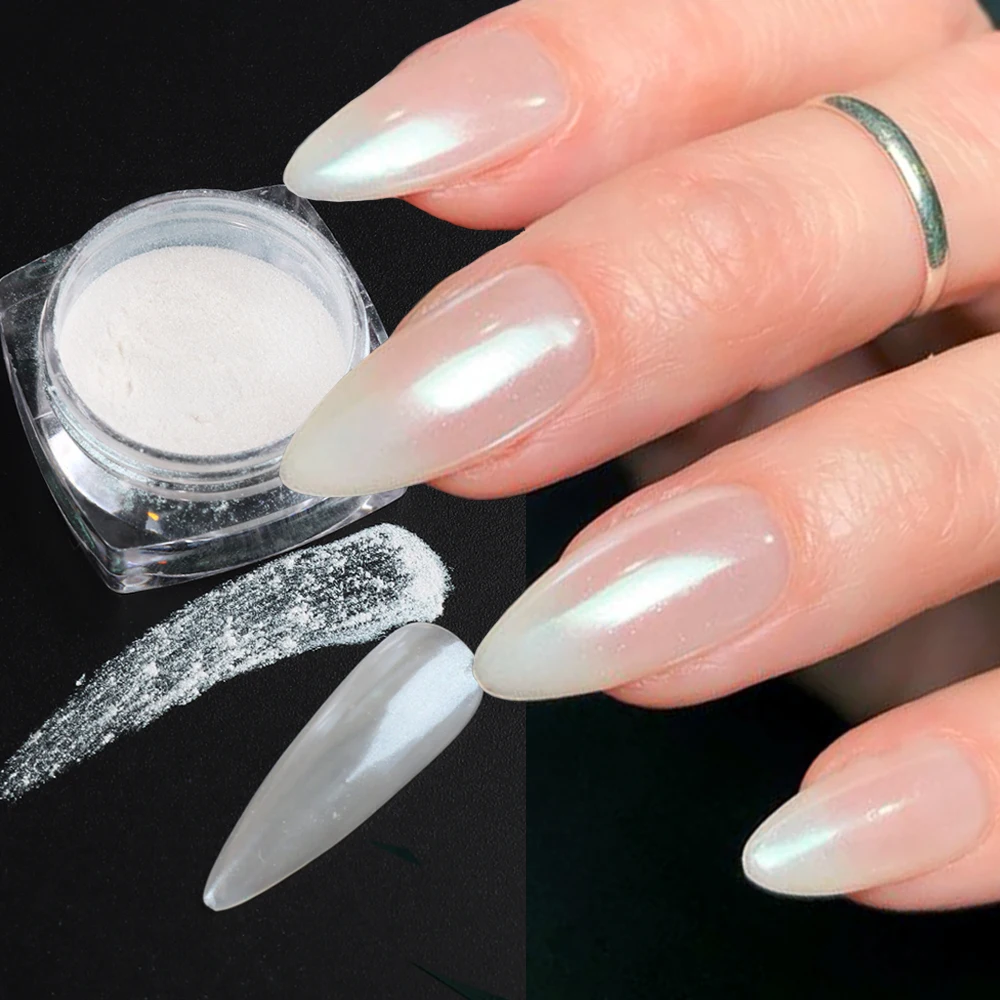 White Chrome Pearl Nail Powder Mermaid Aurora Rubbing Dust o
